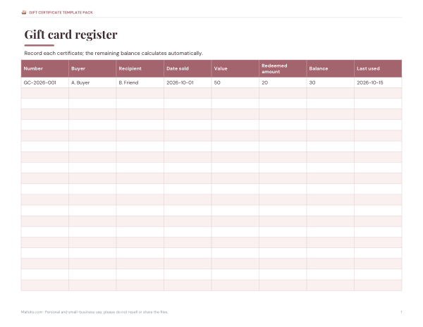 Preview of Gift Card Register Template